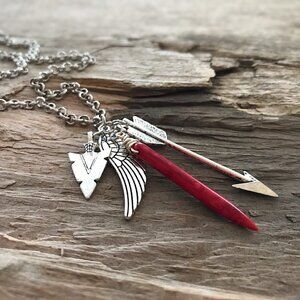 Silvertone Charm Necklace with Red Stone Spike Unisex 24 Inch Chain